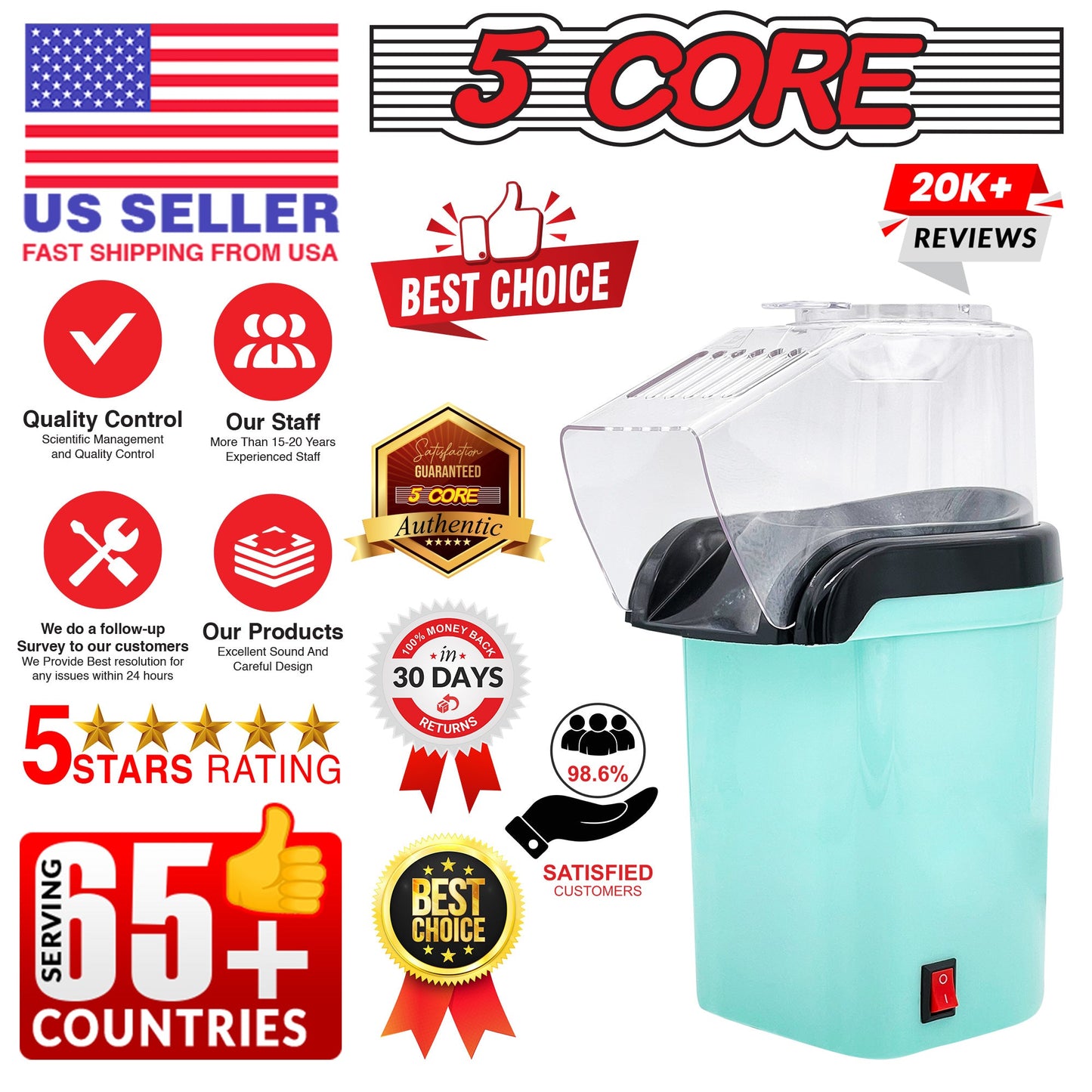 5Core Hot Air Popcorn Machine, 16 Cup, Electric Oil-Free Pop Corn