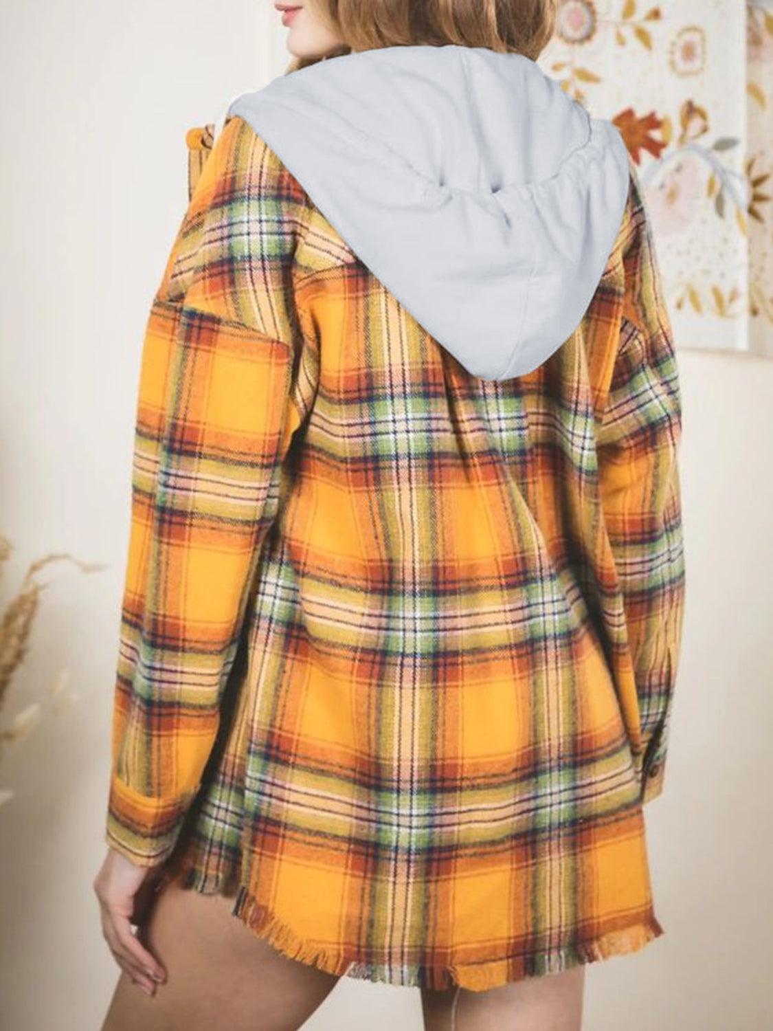 Raw Hem Plaid Long Sleeve Hooded Jacket