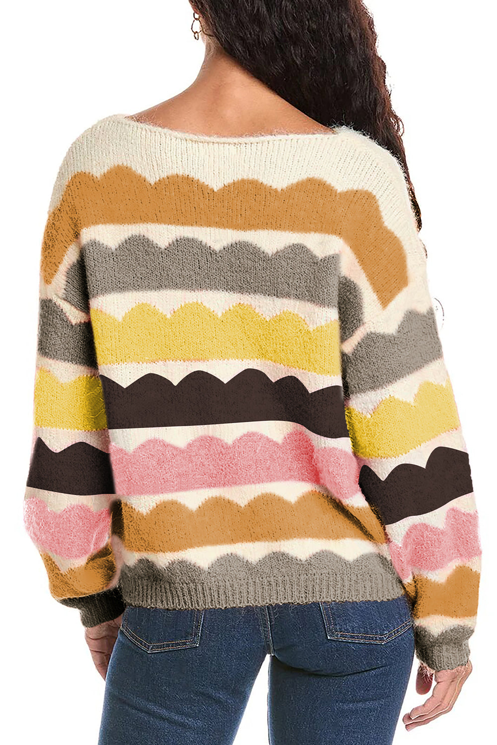 Yellow Wave Striped Balloon Sleeve Drop Shoulder Sweater