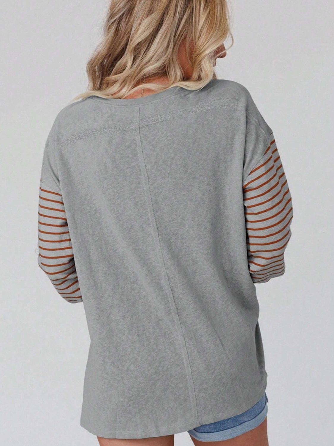 Round Neck Striped Long Sleeve Slit T-Shirt