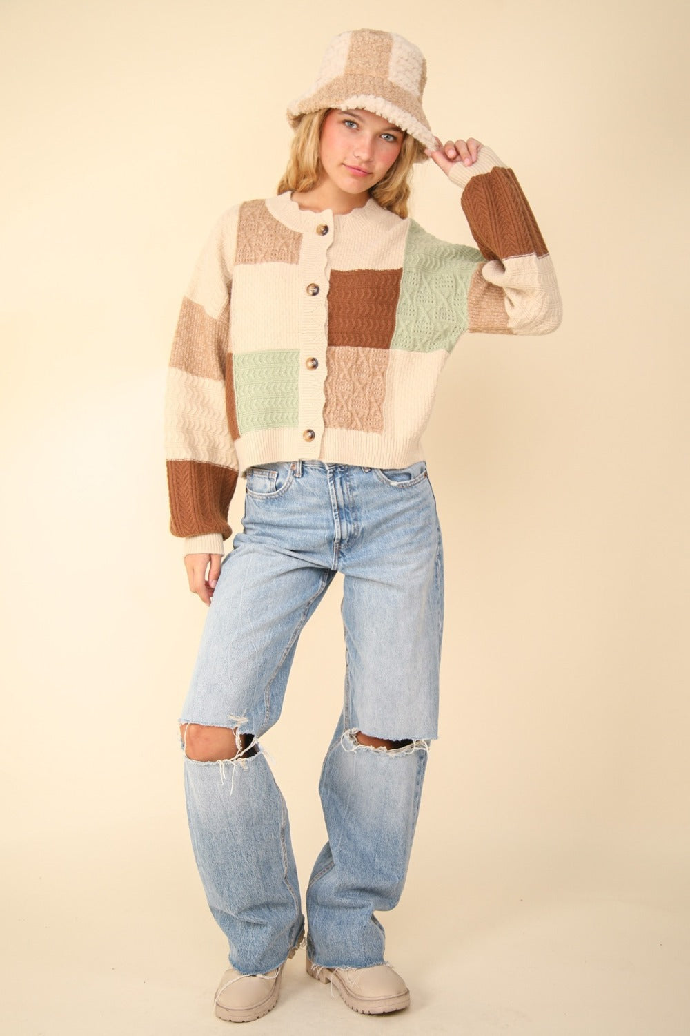 VERY J Color Block Button Down Textured Sweater Cardigan