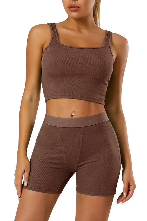 Casual Workout Two Piece Outfits for Women Fitted Crew Neck T-shirt