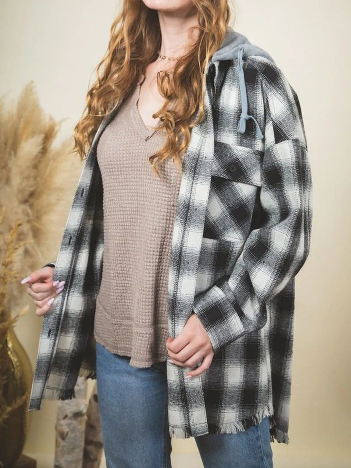 Raw Hem Plaid Long Sleeve Hooded Jacket