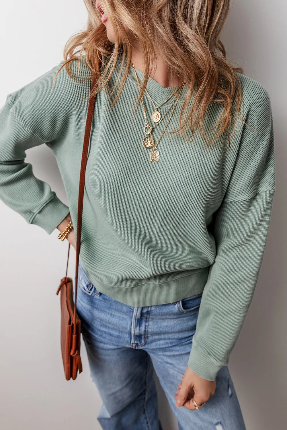 Waffle-Knit Long Sleeve Dropped Shoulder Top