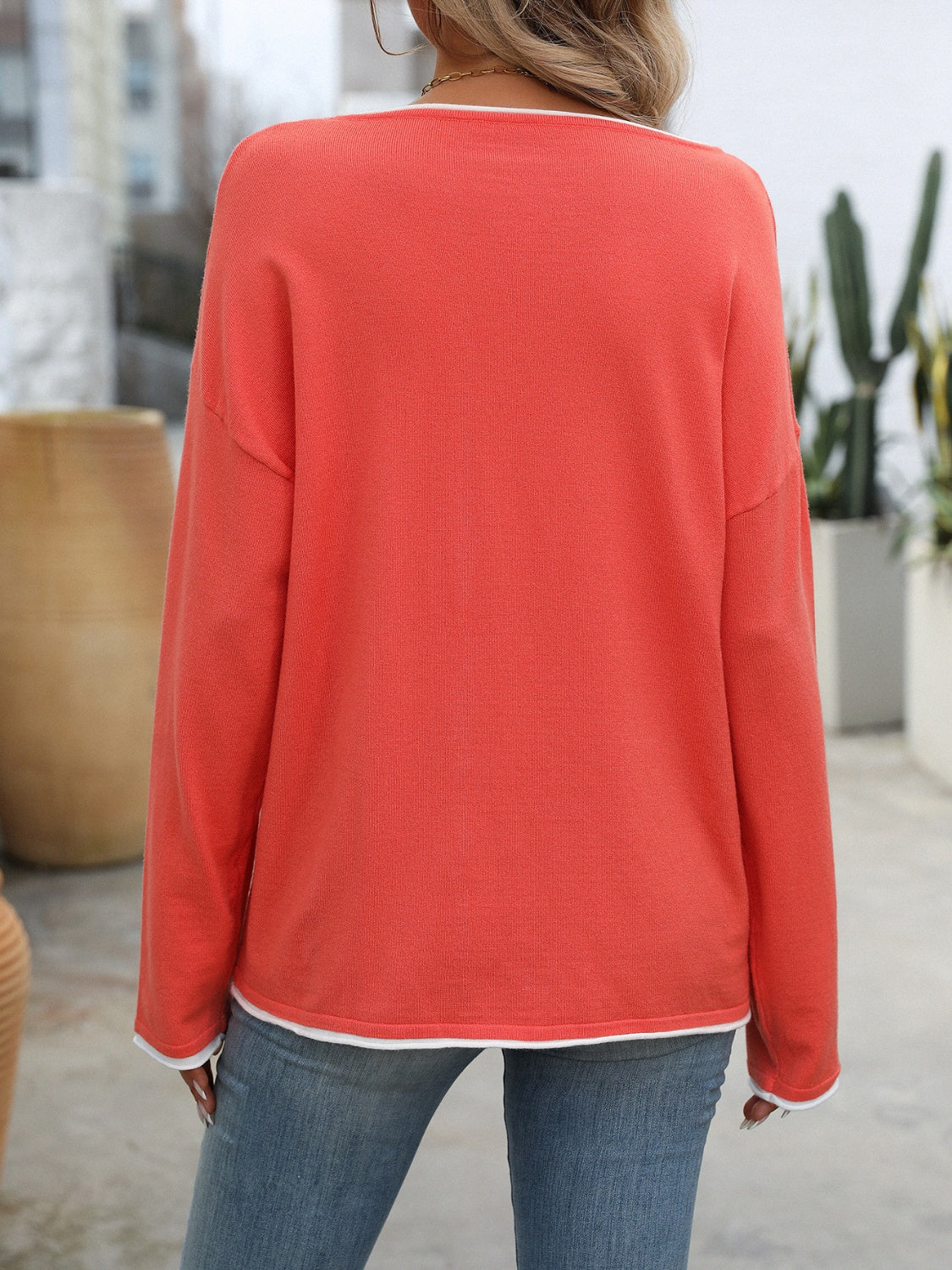 Mandy Contrast Trim Round Neck Long Sleeve Sweater