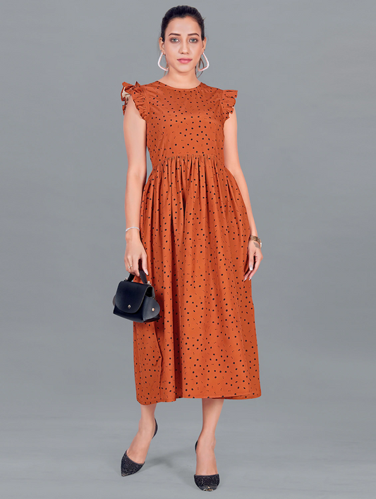 Brown Printed A-Line Dress(SizeL)(ColorBrown)